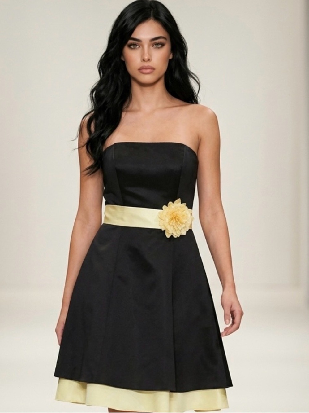 Strapless Black Dress with Yellow Sash and Flower Accent